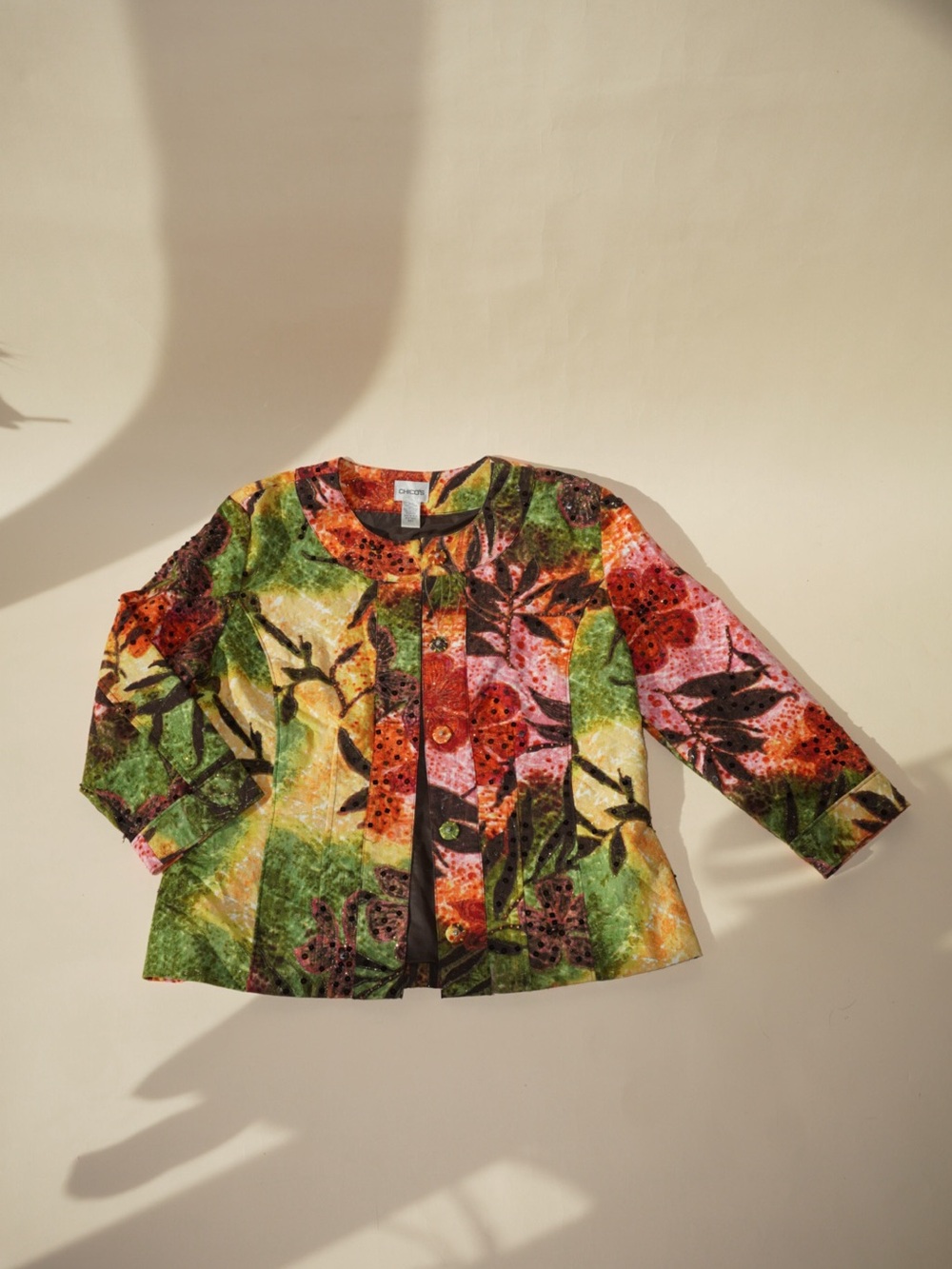 Chico's Multicolor Floral Sequin Button Front Lined Short Jacket - Size 1